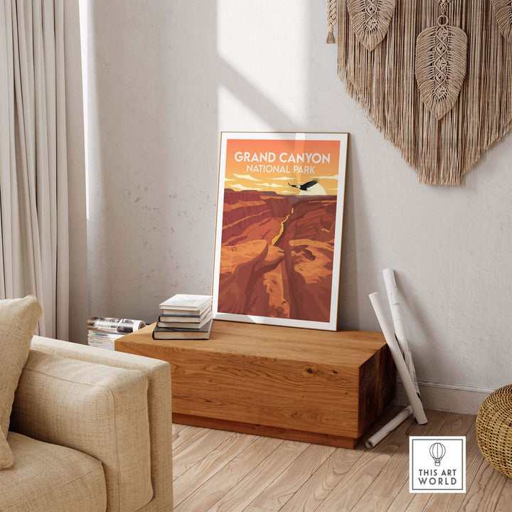 Grand Canyon National Park poster displayed in a stylish home setting, showcasing minimalist vintage design.