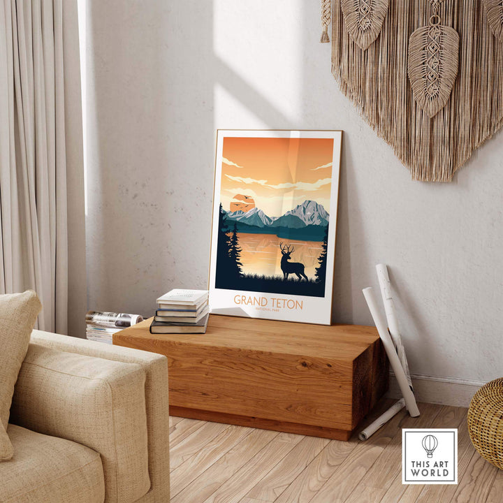 Grand Teton National Park art print showcased in a stylish living room setting with natural decor.