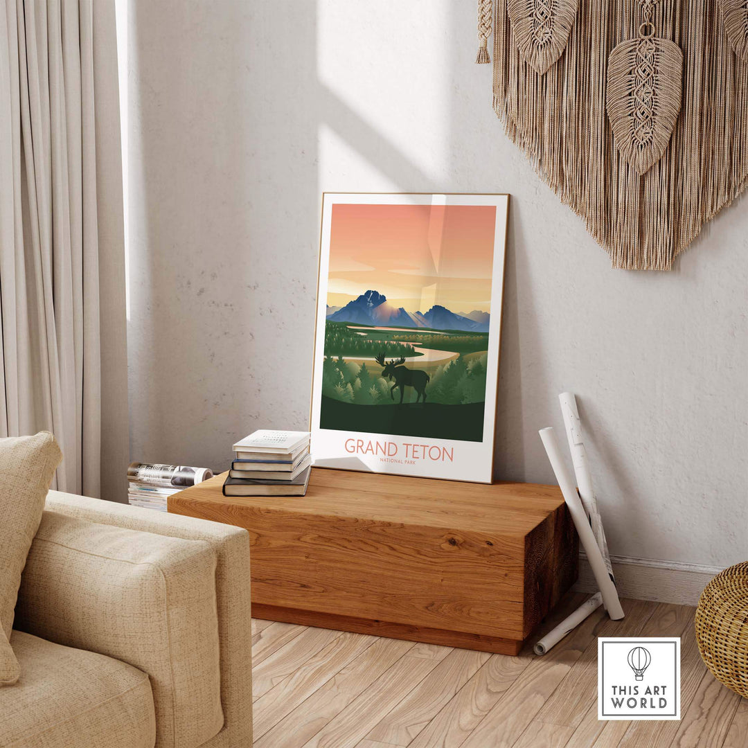 Grand Teton National Park art print displayed in a cozy living room with stylish decor.