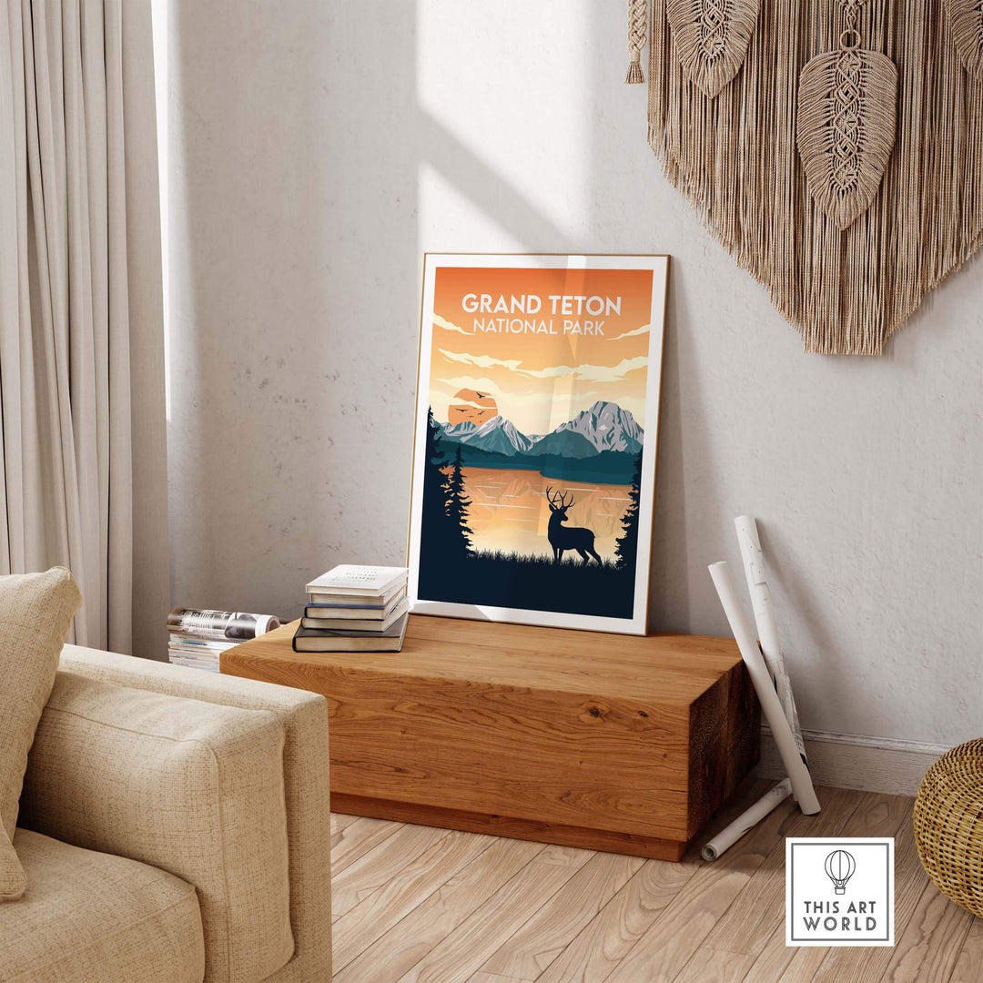 Grand Teton National Park poster displayed in a stylish home setting showcasing majestic mountains and wildlife.