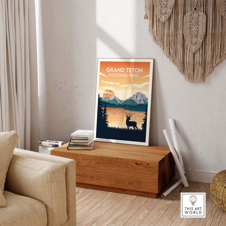 Grand Teton National Park poster displayed in a stylish home setting showcasing majestic mountains and wildlife.