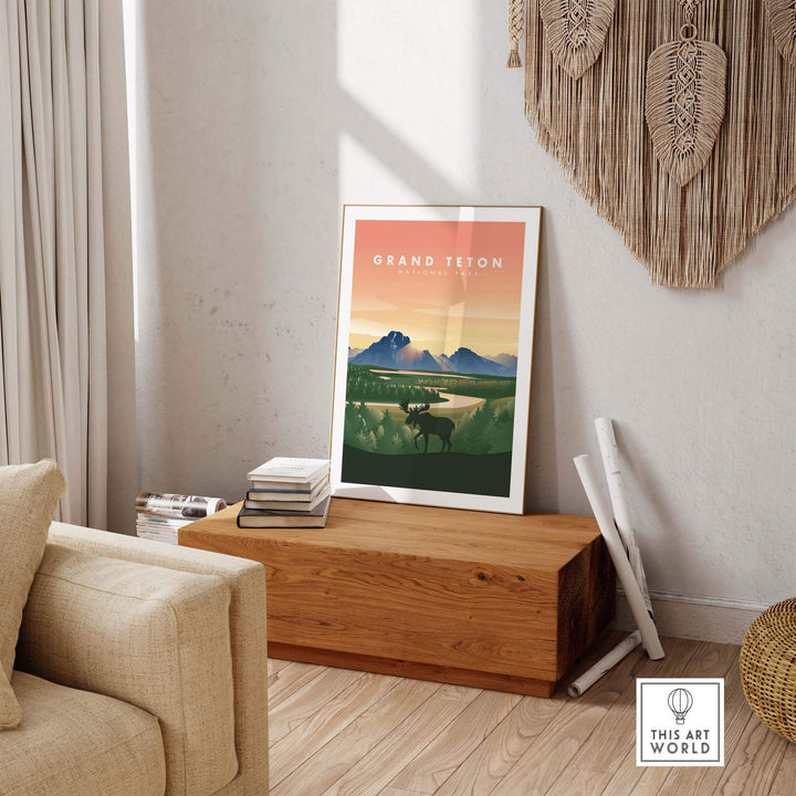 Framed Grand Teton National Park art print showcasing mountains and river, perfect for home or office decor.
