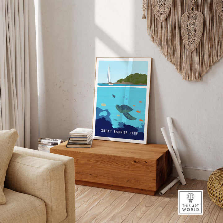 Great Barrier Reef Print displayed in a stylish interior setting with minimalist decor and natural elements.