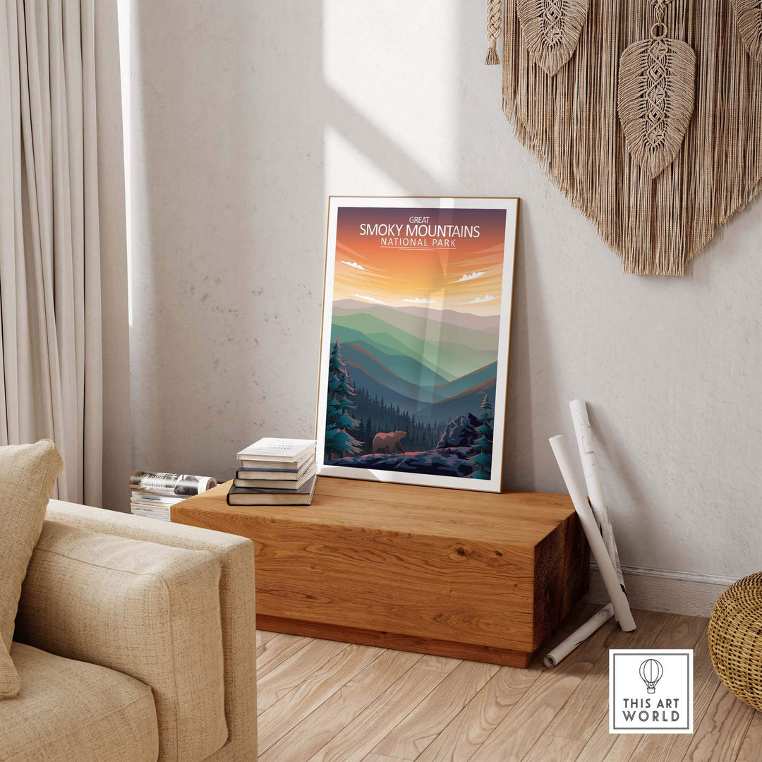 Great Smoky Mountains National Park poster displayed in a cozy interior, showcasing minimalist artwork and nature vibes.