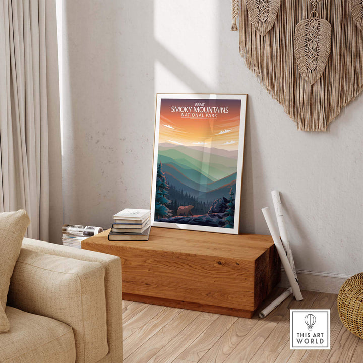 Great Smoky Mountains National Park poster displayed in a cozy interior, showcasing minimalist artwork and nature vibes.