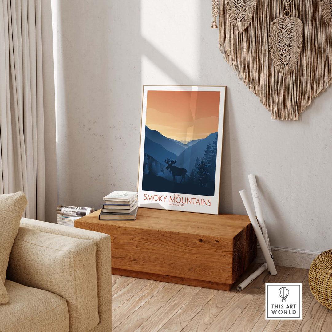 Smoky Mountains National Park art print in minimalist style, displayed in a stylish interior.