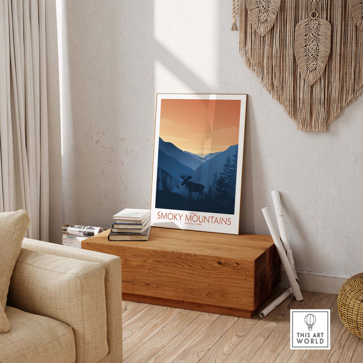 Smoky Mountains National Park art print in minimalist style, displayed in a stylish interior.