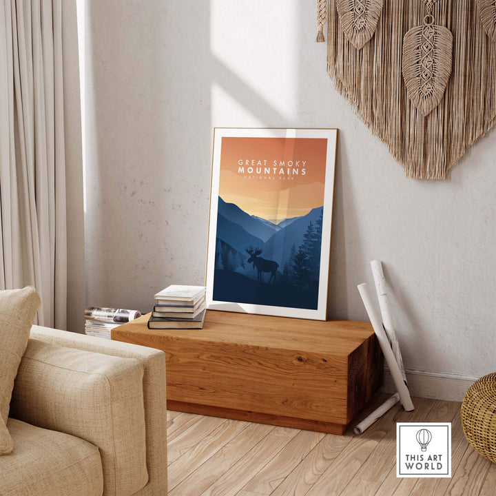 Great Smoky Mountains art print displayed in a cozy living room setting, perfect for home or office decor.