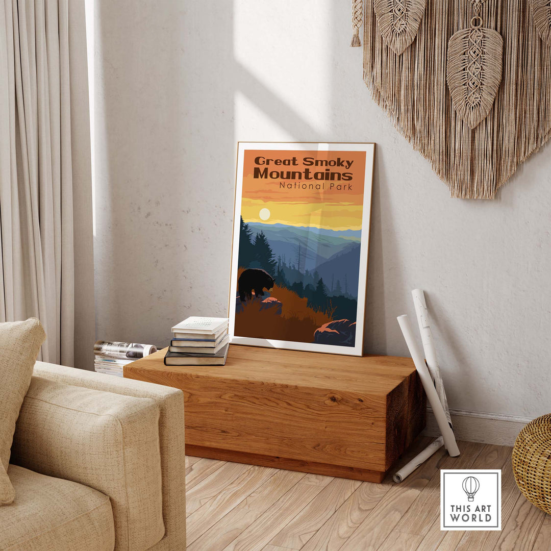 Great Smoky Mountains National Park Print displayed in a cozy living room setting with stylish decor.