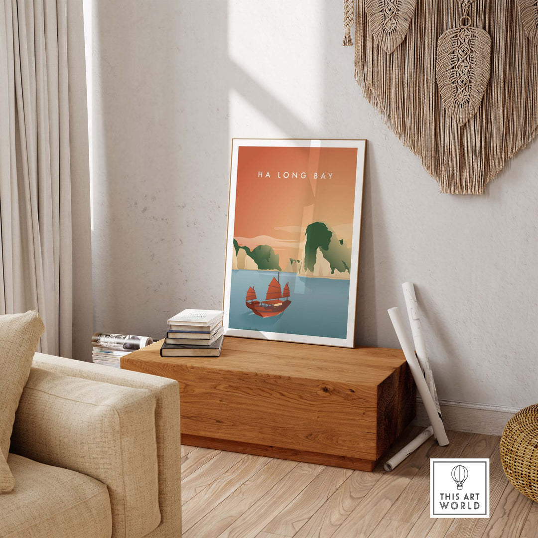 Ha Long Bay wall art poster showcasing vintage travel style in a cozy interior setting.
