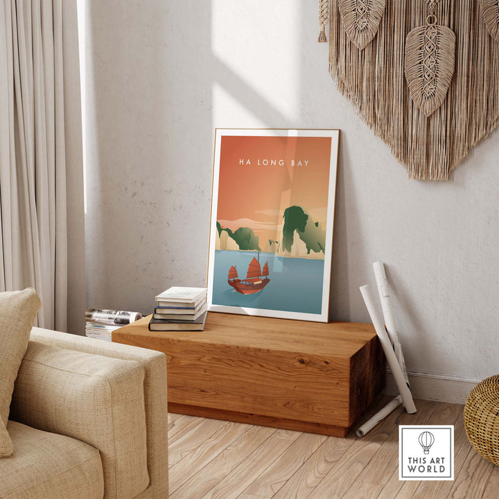 Ha Long Bay wall art poster showcasing vintage travel style in a cozy interior setting.
