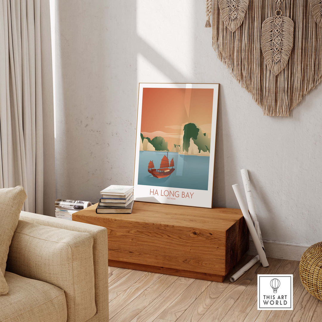 Ha Long Bay wall art print showcasing a boat against a scenic backdrop, ideal for home decor.