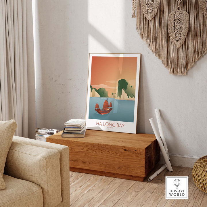 Ha Long Bay wall art print showcasing a boat against a scenic backdrop, ideal for home decor.