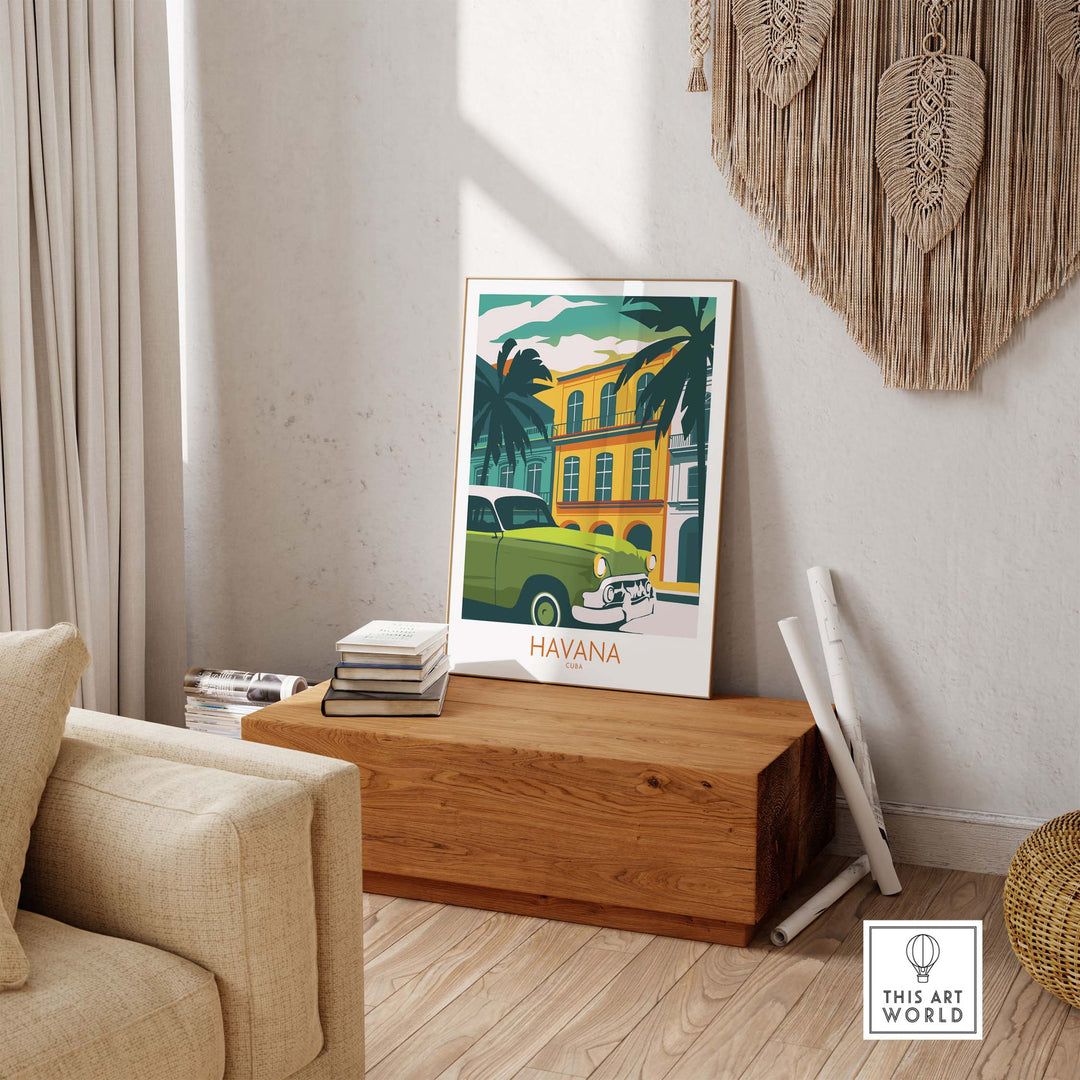 Havana Cuba poster print showcasing vintage travel art in a stylish home setting with a classic car.
