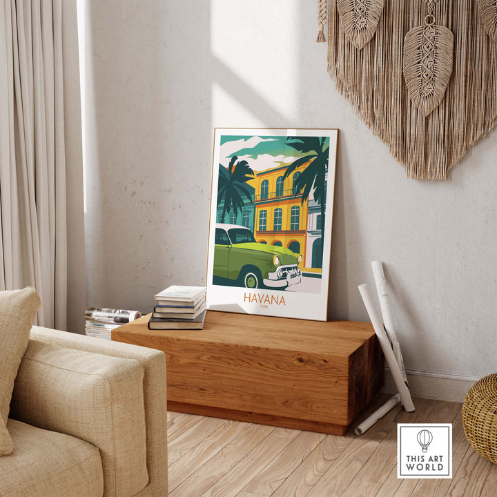 Havana Cuba poster print showcasing vintage travel art in a stylish home setting with a classic car.