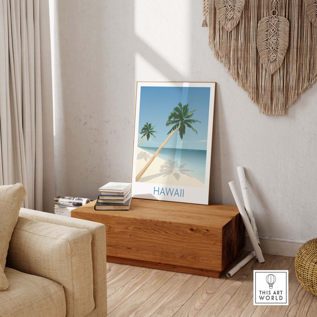Hawaii Beach Wall Art Print displayed in a cozy living room, featuring palm trees and a serene ocean view.