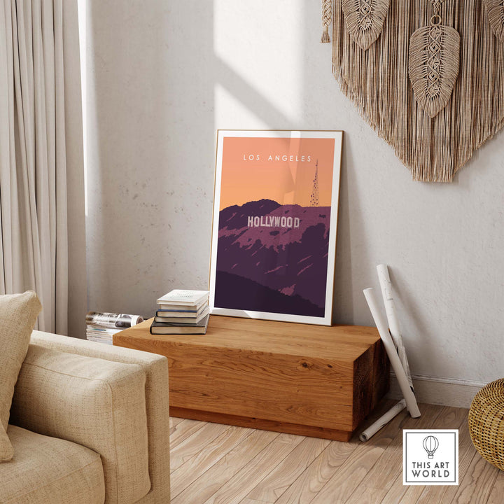 Hollywood Sign Print Wall Art Poster in stylish living room decor with warm tones and vintage vibes.