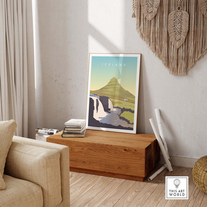 Iceland Print Wall Art Poster featuring stunning landscapes and vibrant colors in a cozy living room setting.