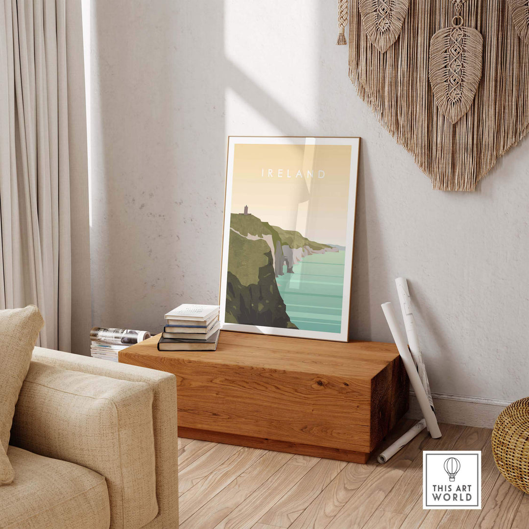 Ireland wall art travel poster displaying scenic cliffs and turquoise water in a stylish interior setting.