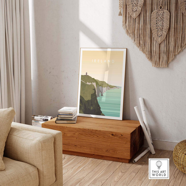 Ireland wall art travel poster displaying scenic cliffs and turquoise water in a stylish interior setting.