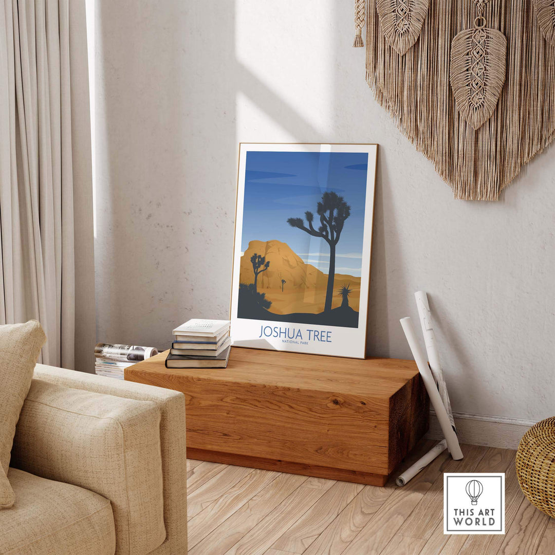 Joshua Tree National Park art print displayed in a stylish home interior, featuring a minimalist design and vibrant colors.