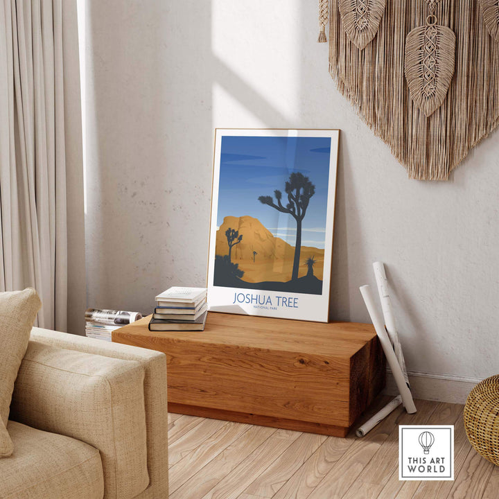 Joshua Tree National Park art print displayed in a stylish home interior, featuring a minimalist design and vibrant colors.