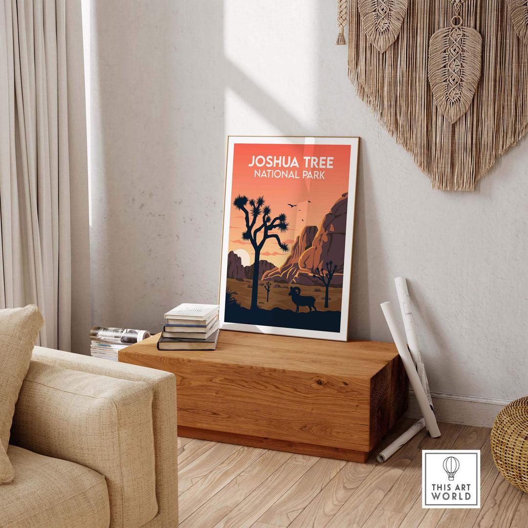 Joshua Tree National Park poster in a stylish living room setting, showcasing minimalist nature artwork.