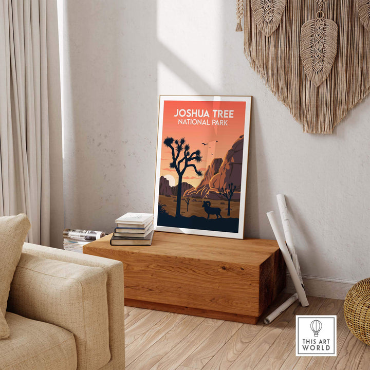 Joshua Tree National Park poster in a stylish living room setting, showcasing minimalist nature artwork.