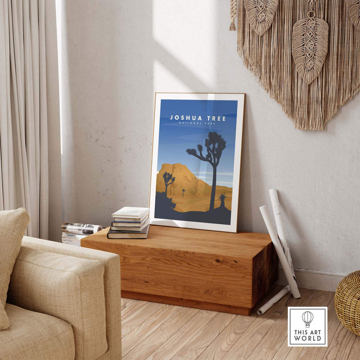 Joshua Tree National Park art print in a cozy living room, showcasing vintage travel poster design.
