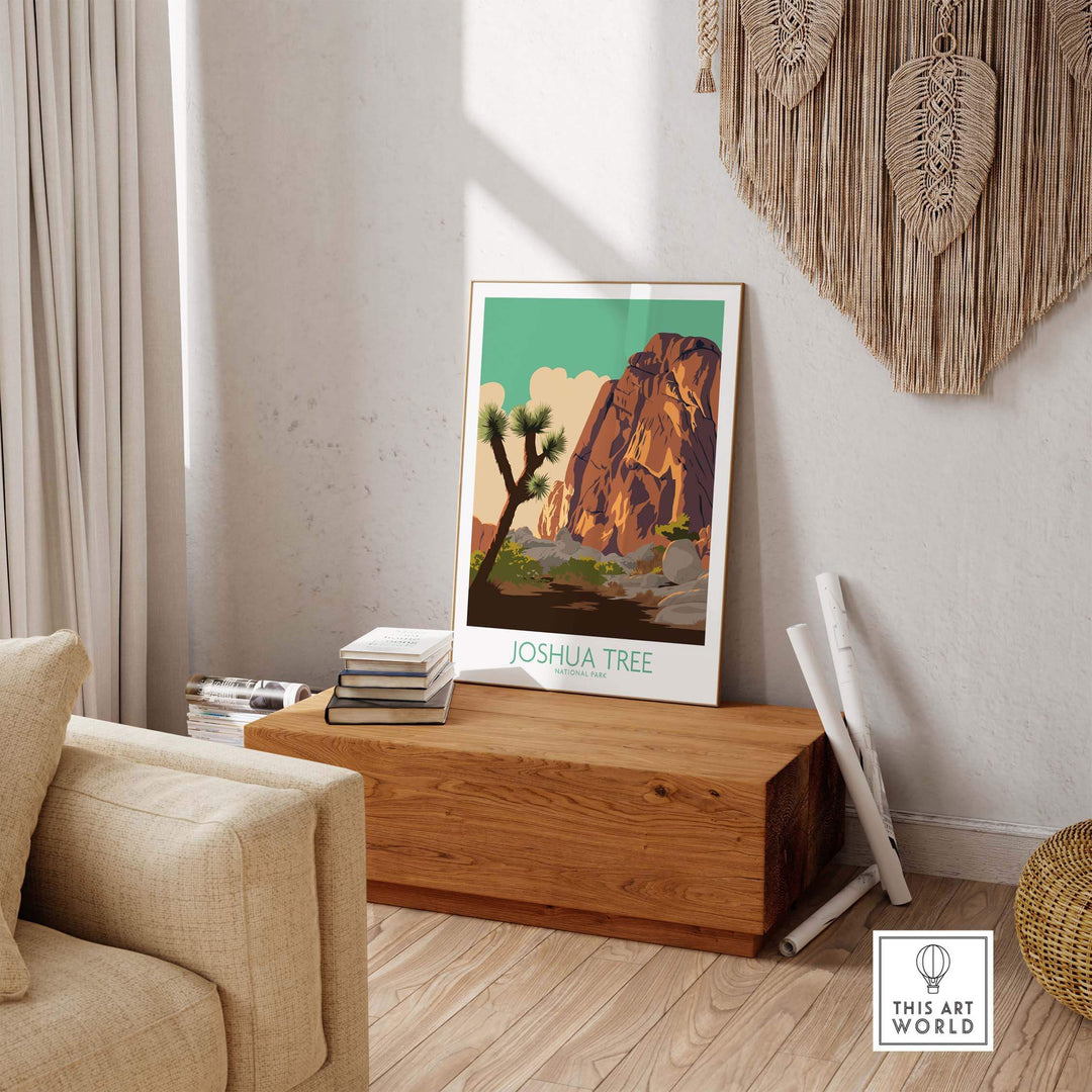 Joshua Tree poster print displayed in a stylish living room, showcasing vintage National Park artwork.