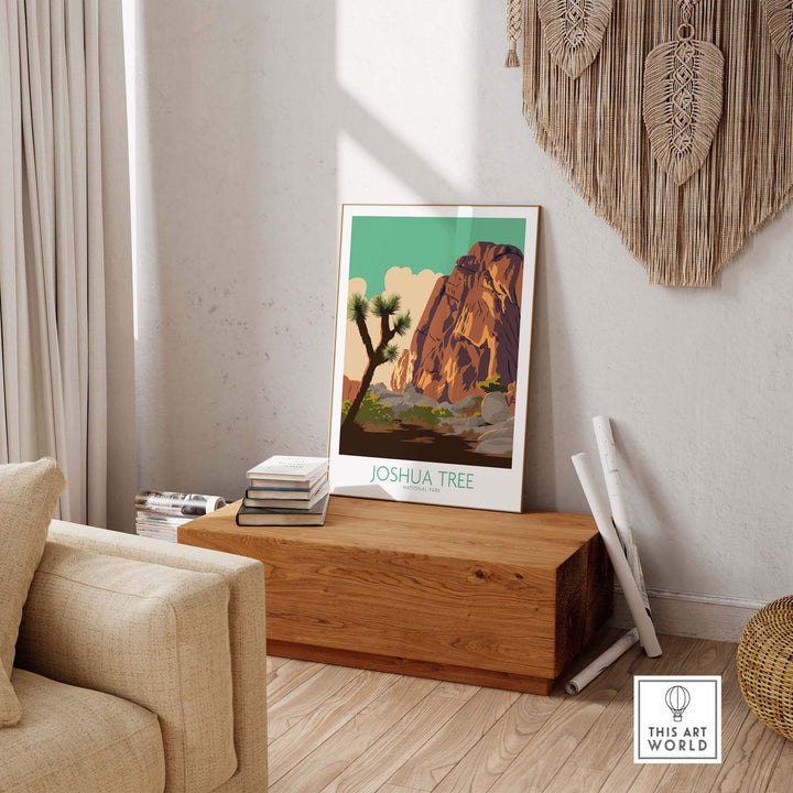 Joshua Tree poster print displayed in a stylish living room, showcasing vintage National Park artwork.