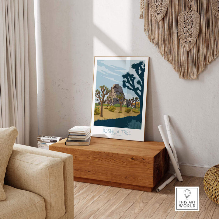 Joshua Tree Park Poster Print displayed in a stylish living room setting, capturing the essence of outdoor wanderlust.