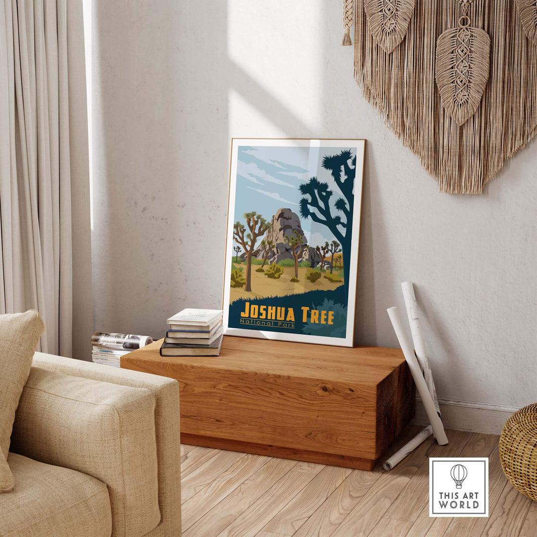 Joshua Tree National Park poster displayed in a stylish living room, showcasing the desert landscape and iconic trees.