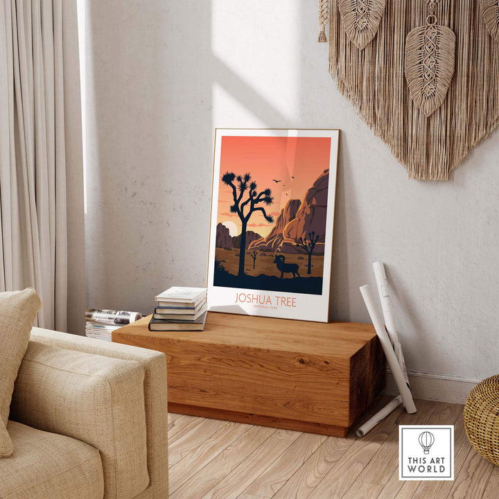 Joshua Tree wall art poster displayed in a modern living space with a wooden table and cozy decor.