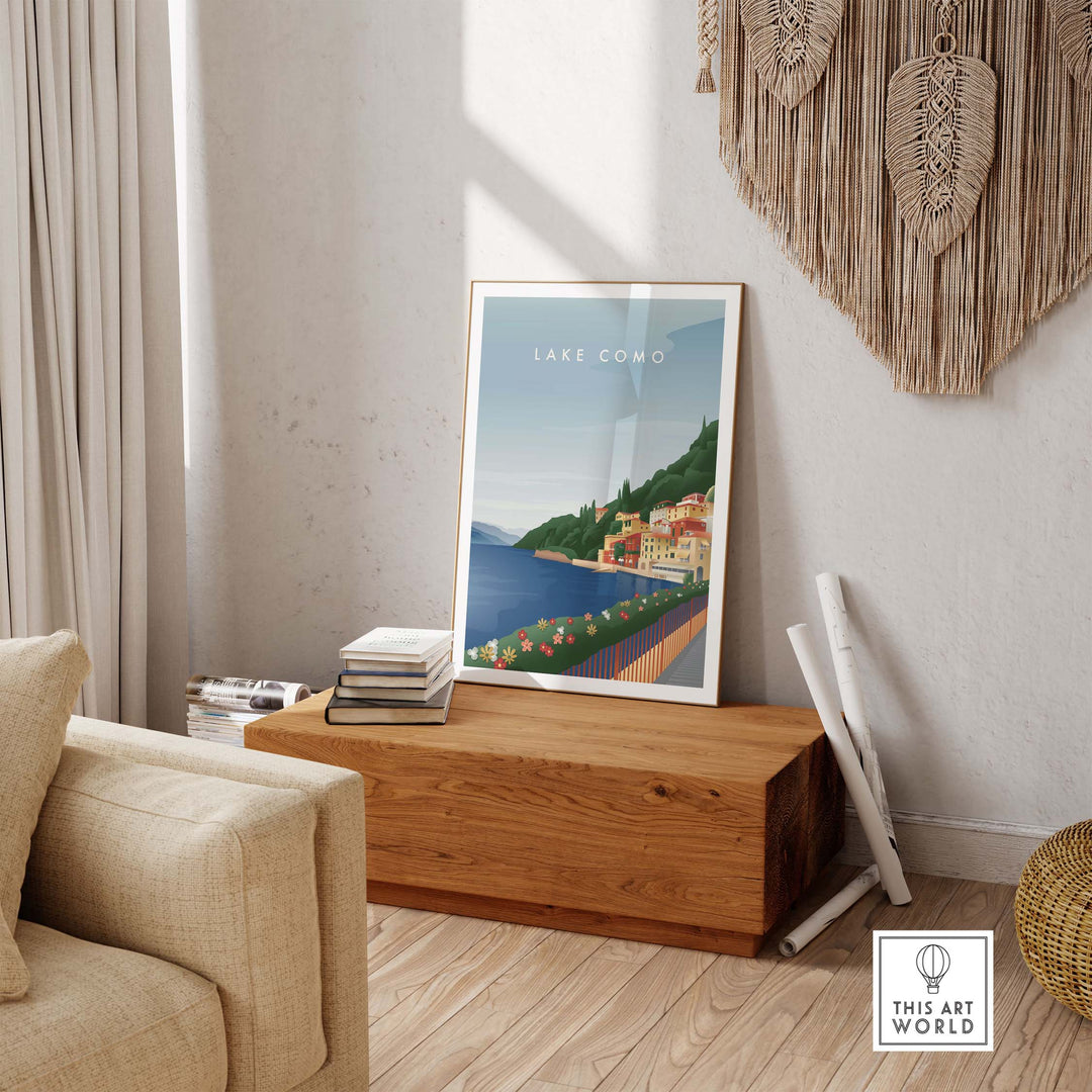 Lake Como Wall Art Poster displayed in a stylish interior setting, capturing travel nostalgia and elegant decor.
