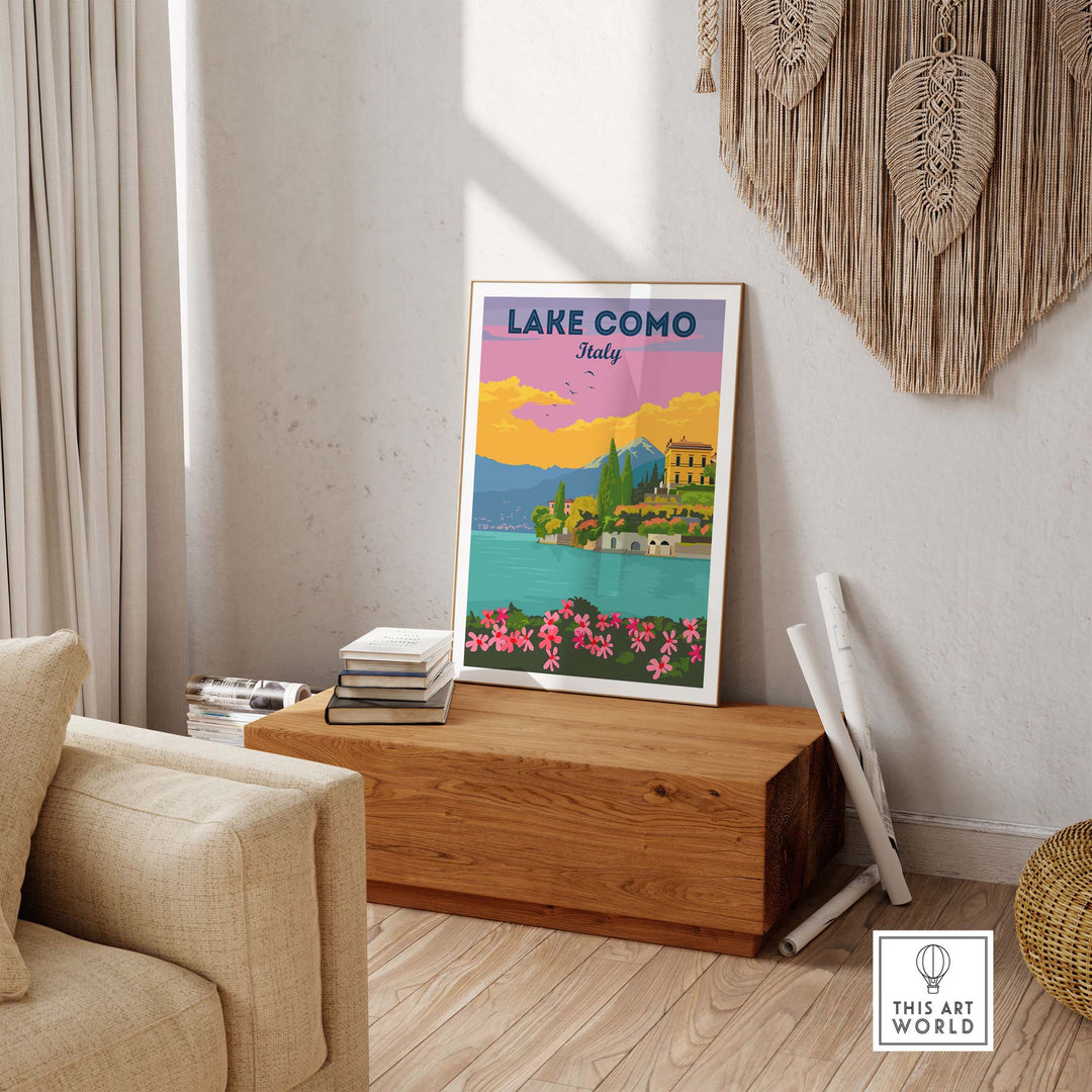 Lake Como Italy wall art in a minimalist style, framed in a cozy living room setting.