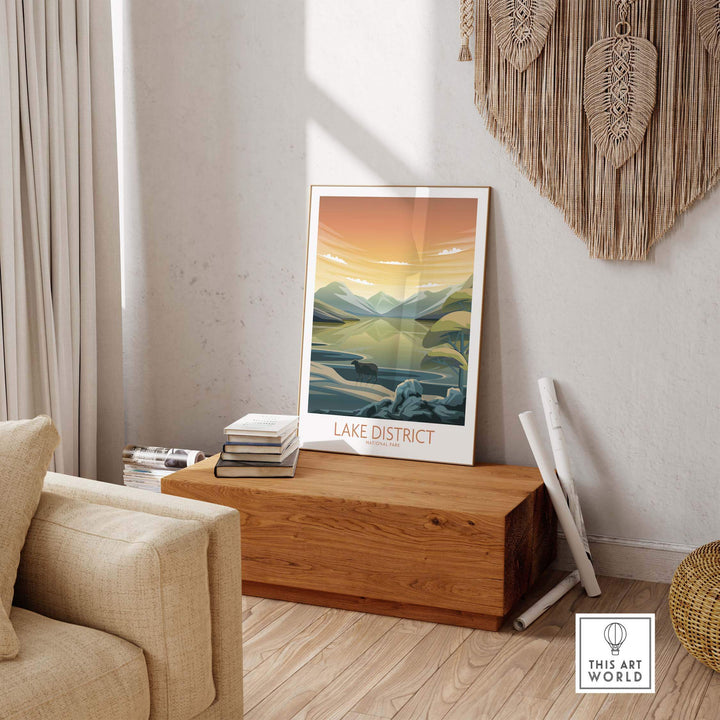 Lake District National Park art print in a stylish interior setting, showcasing modern minimalist design and warm colors.
