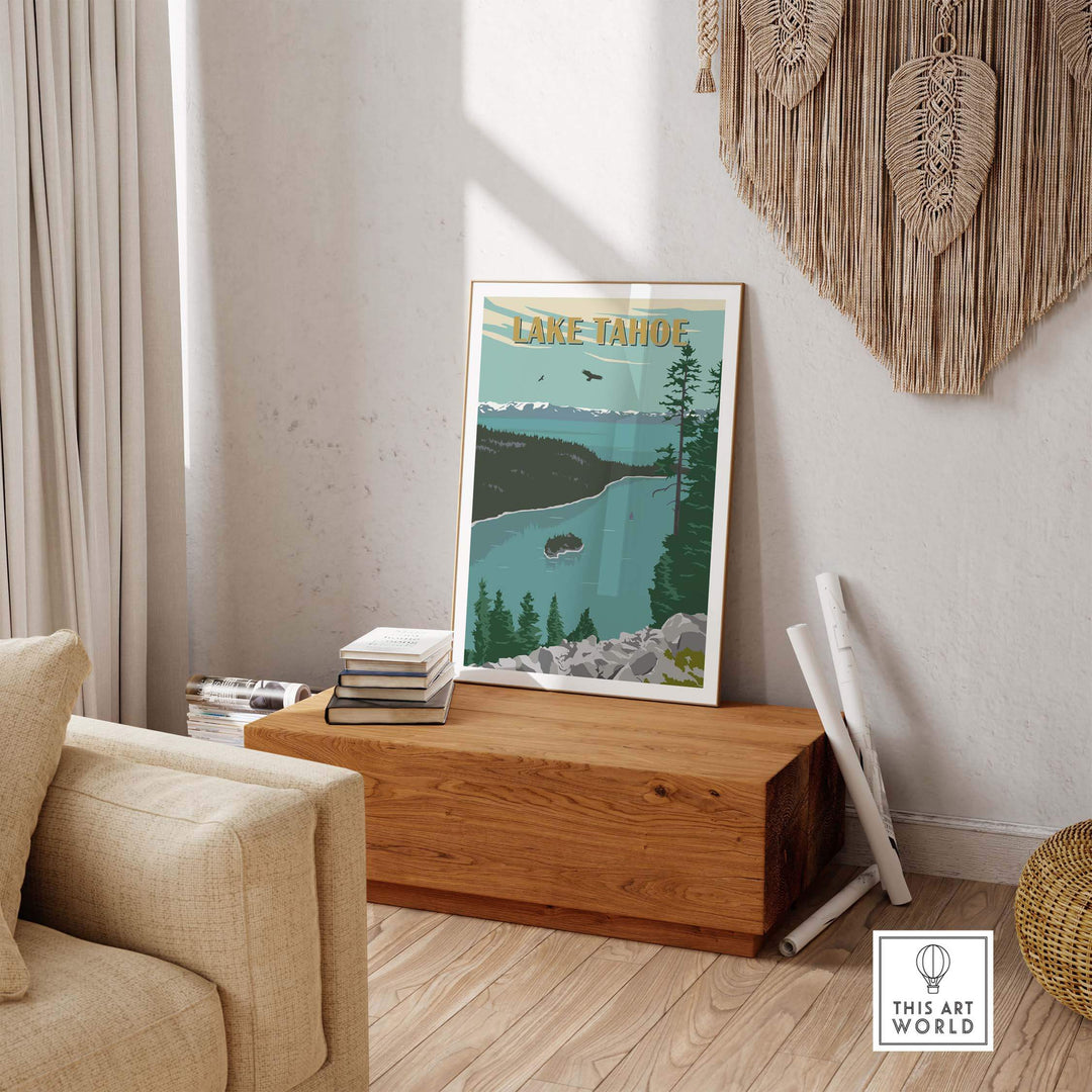 Lake Tahoe vintage print artwork displayed in a cozy living room, showcasing nature and wanderlust.