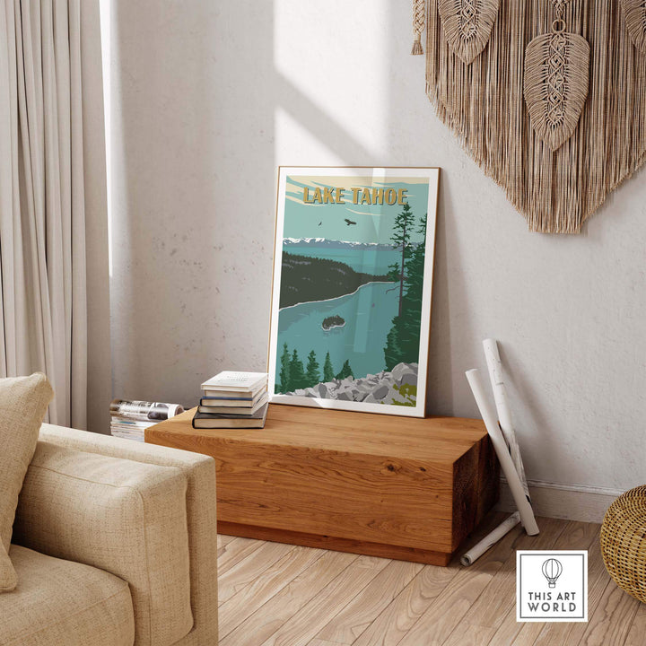 Lake Tahoe vintage print artwork displayed in a cozy living room, showcasing nature and wanderlust.