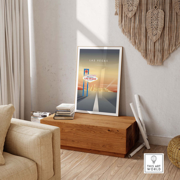 Las Vegas wall art poster featuring the iconic Welcome to Fabulous Las Vegas sign in a stylish home setting.