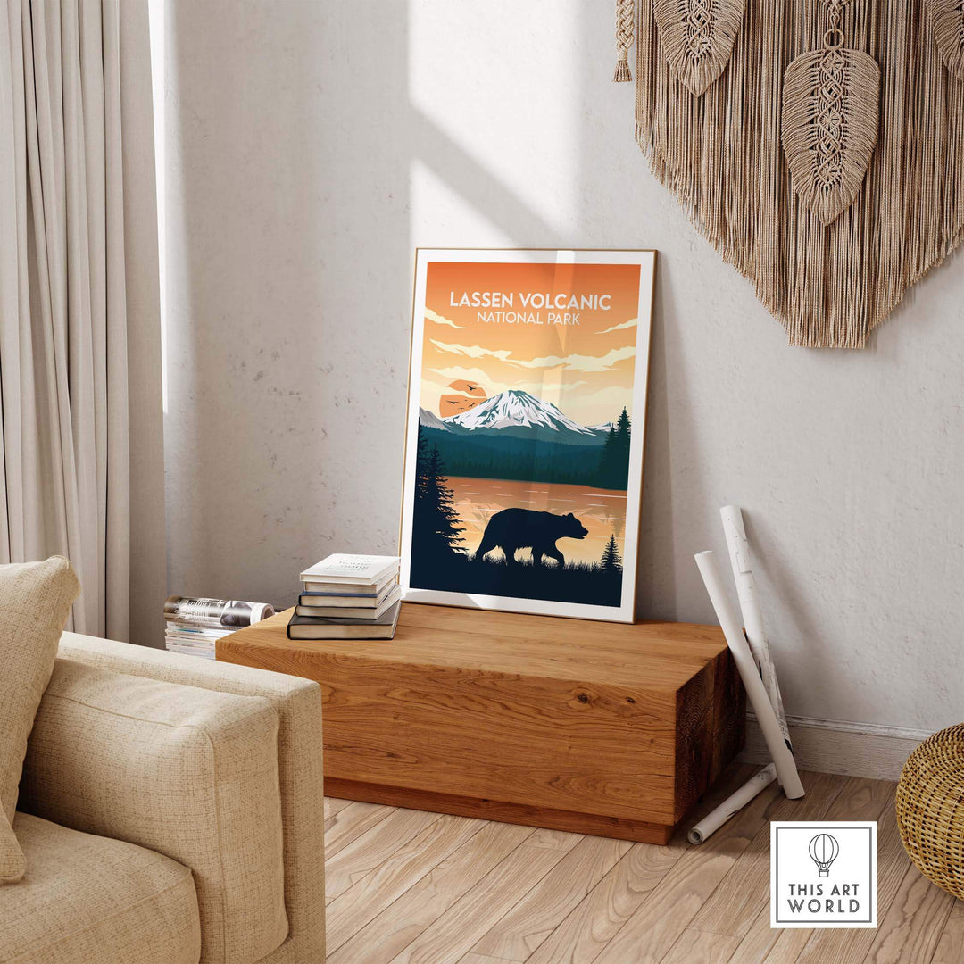 Lassen Volcanic National Park poster displayed in a stylish home setting, featuring bear and mountain design.
