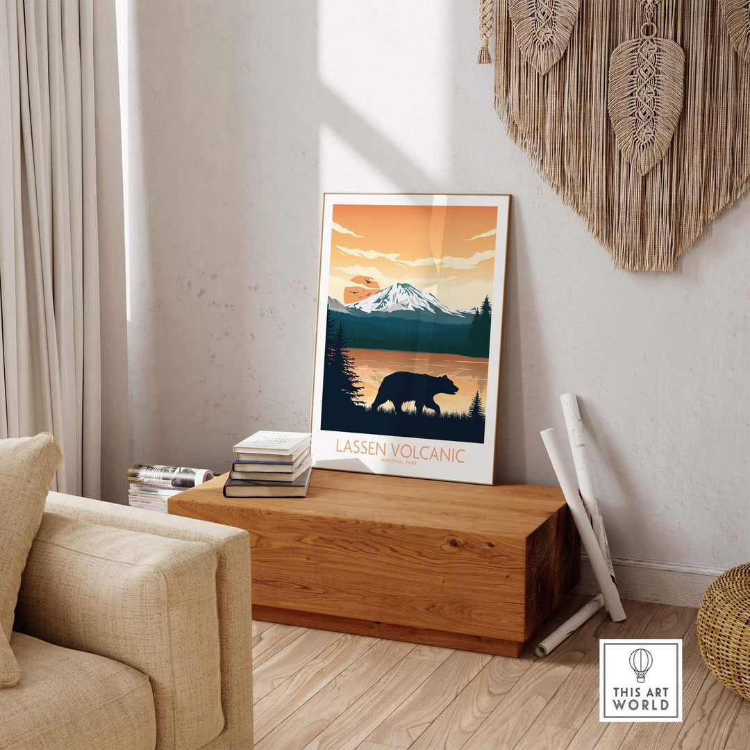 Lassen Volcanic National Park Poster displayed in a stylish living room with natural decor and warm colors.