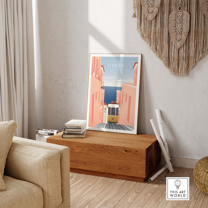 Lisbon minimalist wall art poster displayed in a cozy interior, evoking the charm of Lisbon's streets.