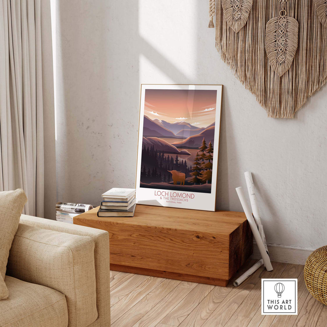 Loch Lomond and The Trossachs Print in modern minimalist style displayed in a stylish living room setting.