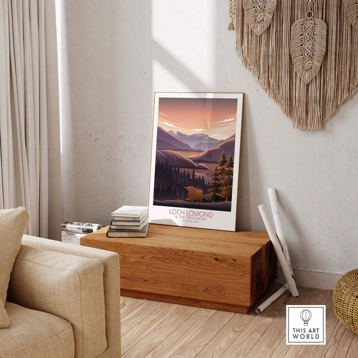 Loch Lomond and The Trossachs Print in modern minimalist style displayed in a stylish living room setting.