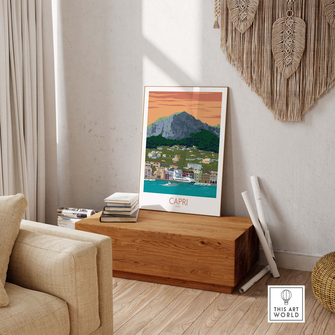 Capri travel poster displayed in a minimalist living room, showcasing scenic Italy with vibrant colors and serene design.