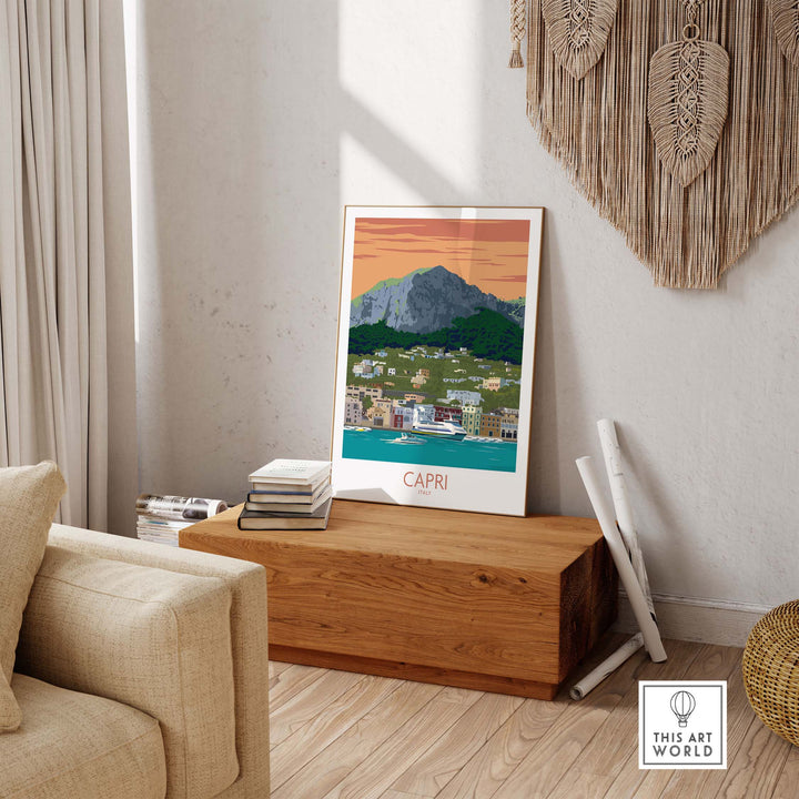 Capri travel poster displayed in a minimalist living room, showcasing scenic Italy with vibrant colors and serene design.