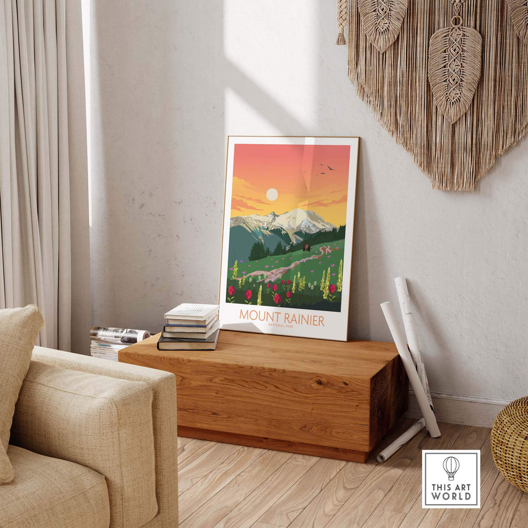 Mount Rainier National Park poster displayed in a stylish living room setting with minimalist decor.