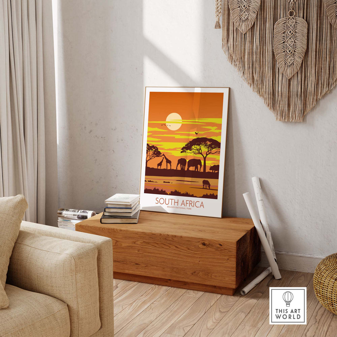South Africa print featuring Kruger National Park, showcasing wildlife and sunset, displayed in a stylish home setting.