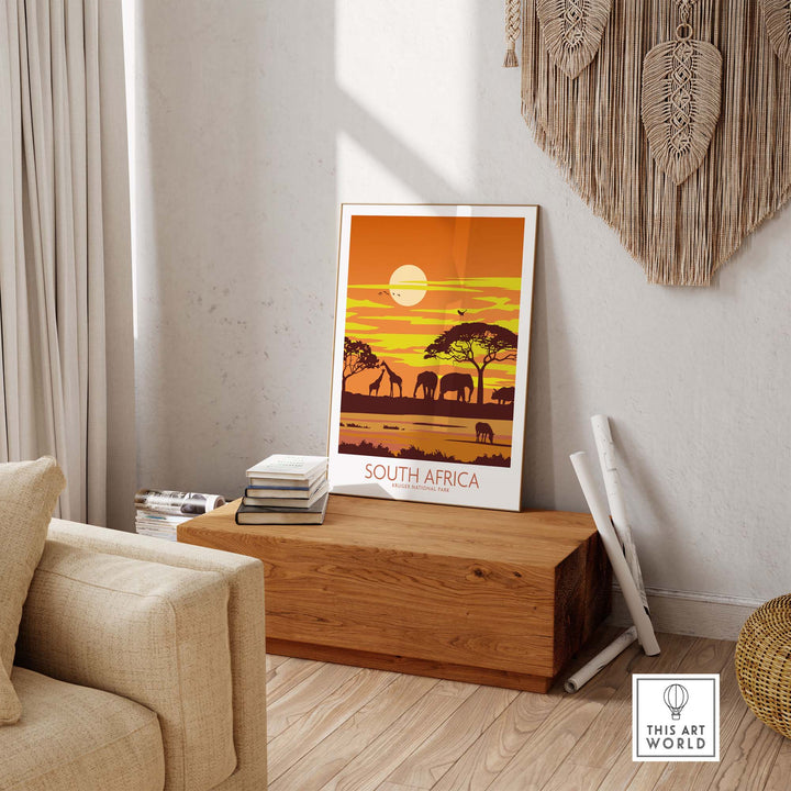 South Africa print featuring Kruger National Park, showcasing wildlife and sunset, displayed in a stylish home setting.